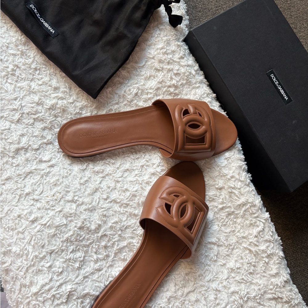Dolce & Gabbana Tan Leather Slide Sandals